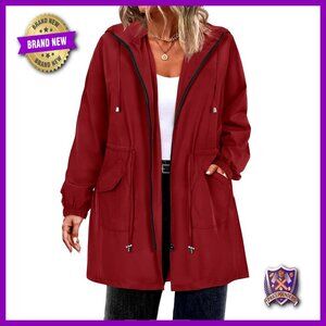 Plus Size Lightweight Waterproof Rain Jacket Hooded Trench Coat Travel Ready